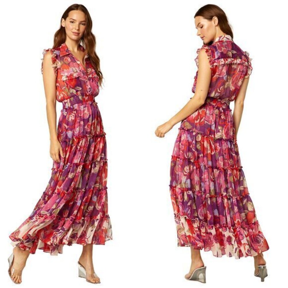 MISA Los Angeles Trina Floral Ruffle Maxi Dress in Lilac Coming Up Roses Size S